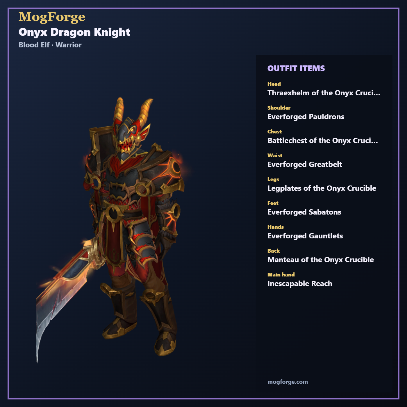 Onyx Dragon Knight: Blood Elf Warrior Plate transmog outfit