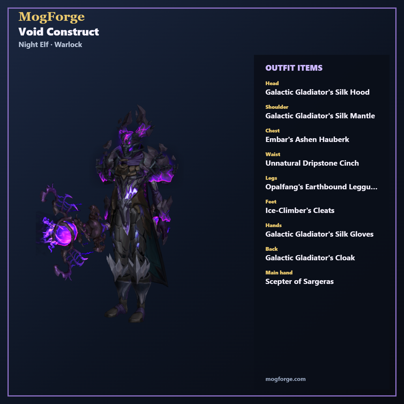 Void Construct: Night Elf Warlock Cloth transmog outfit