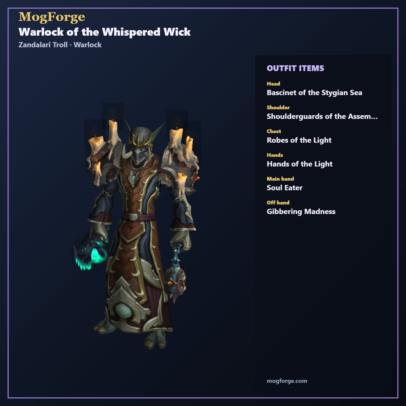 Warlock of the Whispered Wick: Zandalari Troll Warlock Cloth transmog outfit